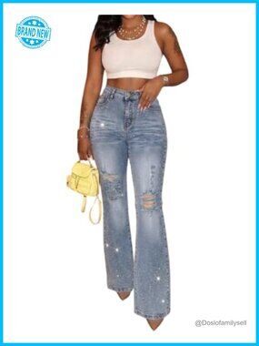 CHICME Rhinestone Flare Distressed Ripped Bell Bottom Jeans